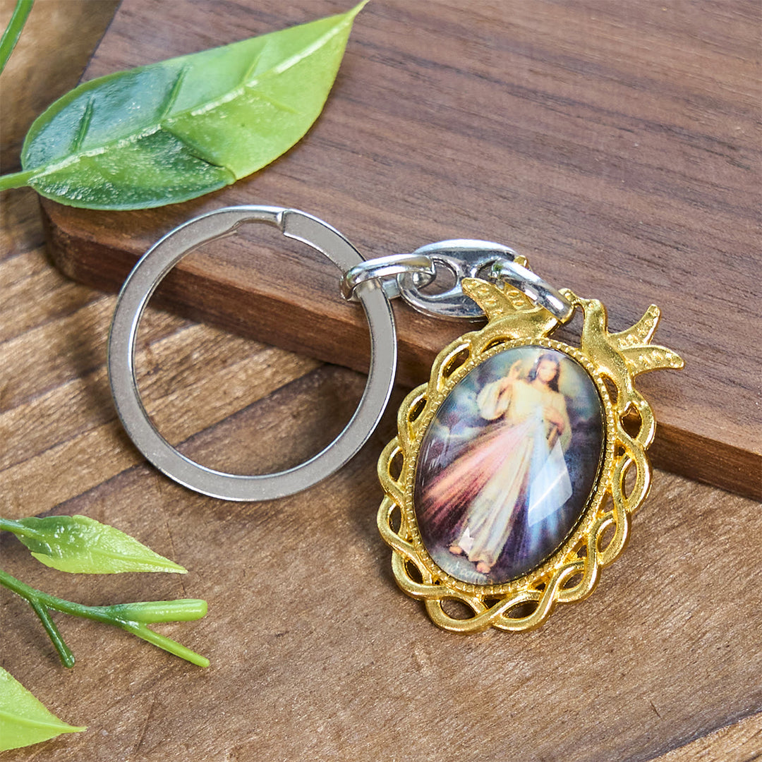Christianartworkshop Porte-clés doré « Miséricorde Divine » avec colombe du Saint-Esprit : symbole de la grâce céleste - Icône de Jésus - image 0
