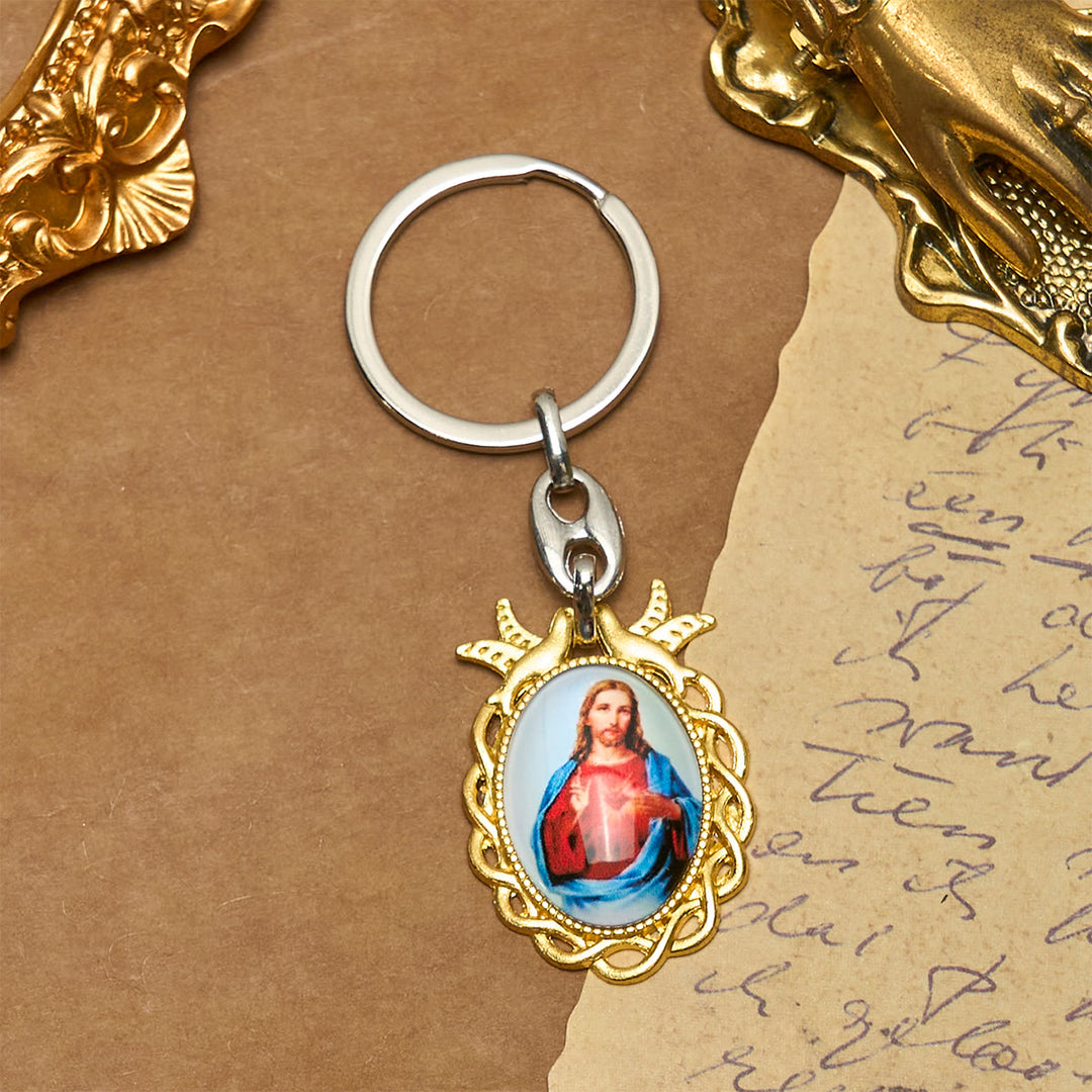 Christianartworkshop Porte-clés Fidèle Sacré-Cœur de Jésus : Colombe à cadre doré et grâce intemporelle - image 2