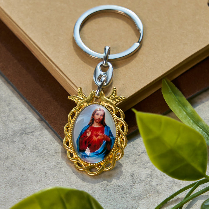 Christianartworkshop Porte-clés Fidèle Sacré-Cœur de Jésus : Colombe à cadre doré et grâce intemporelle - image 3