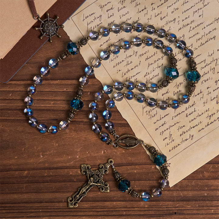 Christianartworkshop Chapelet en cristal bleu laser scintillant avec médaille miraculeuse en bronze antique - Notre Dame - image 0