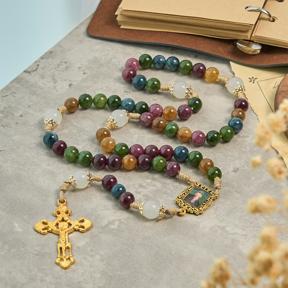 Christianartworkshop Chapelet en perles de tourmaline colorées avec croix carrée de la Miséricorde Divine et crucifix doré - image 1