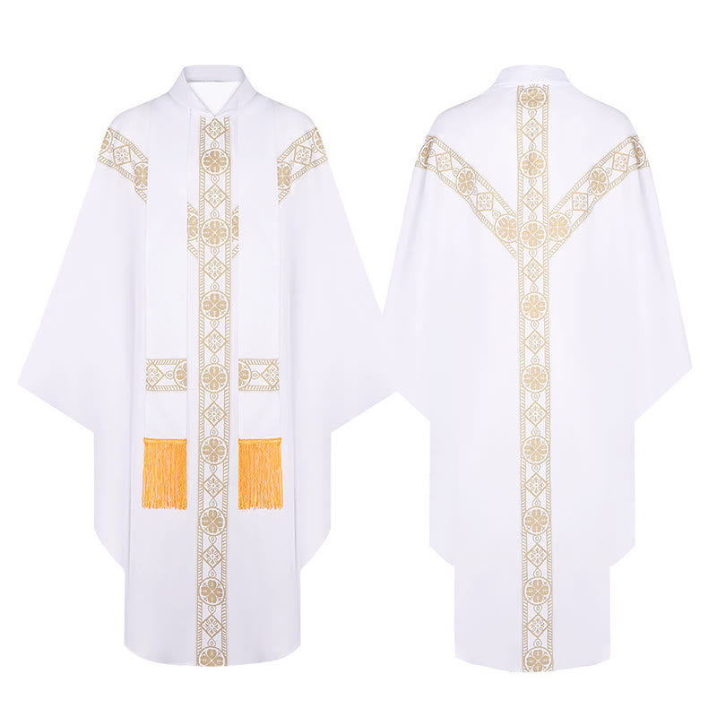 Christianartworkshop Cape médiévale, robe de clergé ornée de motifs religieux dorés - Blanc - Taille unique (longueur 130 cm) - image 7