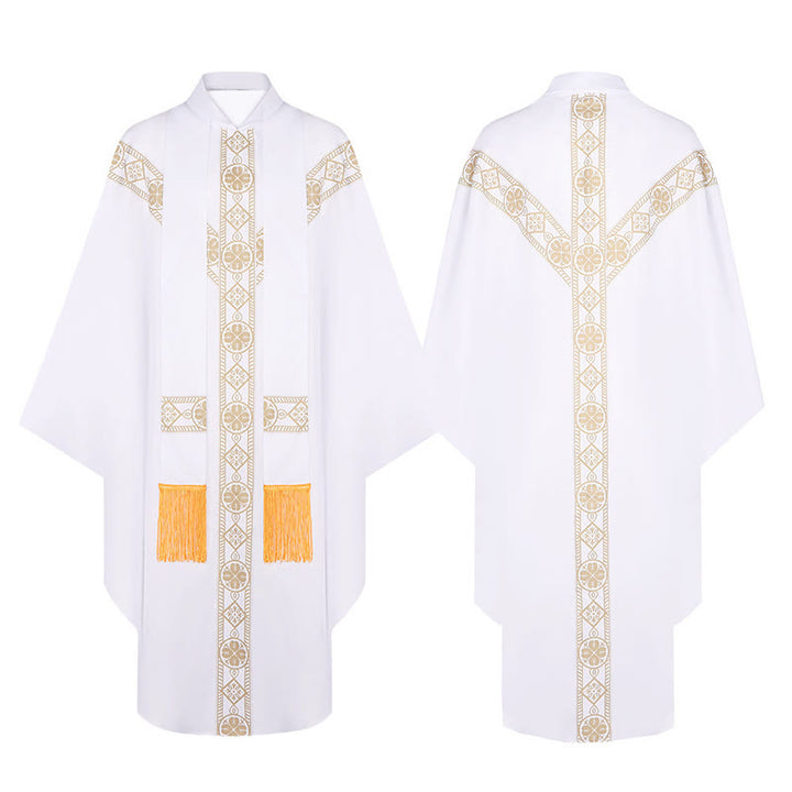 Christianartworkshop Cape médiévale, robe de clergé ornée de motifs religieux dorés - Blanc - Taille unique (longueur 130 cm) - image 7