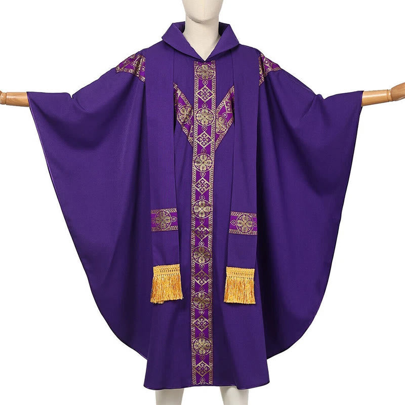 Christianartworkshop Cape médiévale, robe de clergé ornée de motifs religieux dorés - Violet - Taille unique (longueur 130 cm) - image 10