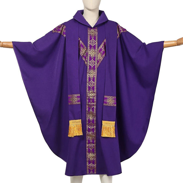 Christianartworkshop Cape médiévale, robe de clergé ornée de motifs religieux dorés - Violet - Taille unique (longueur 130 cm) - image 10