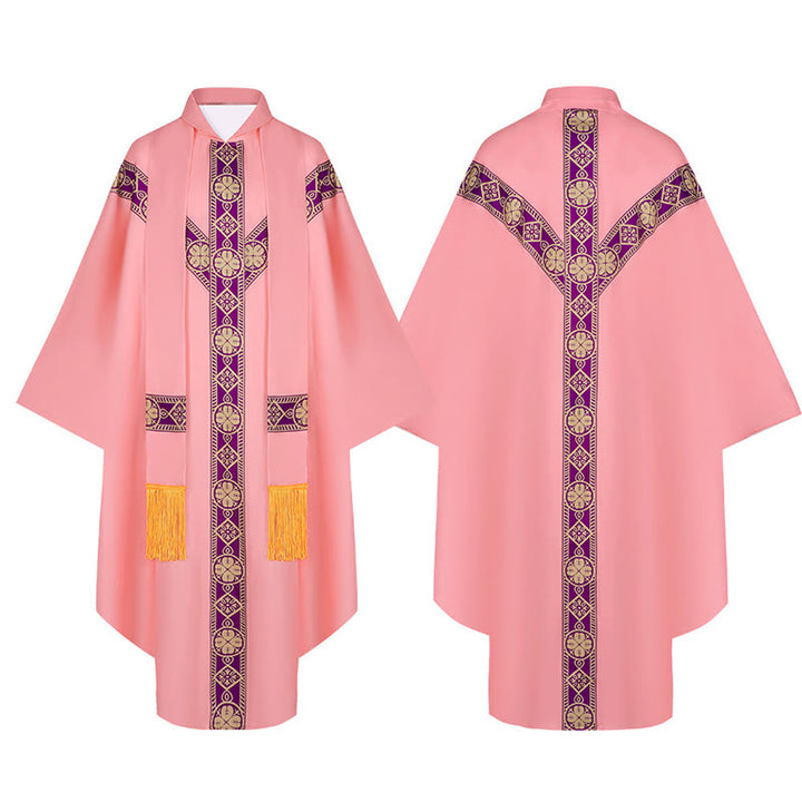 Christianartworkshop Cape médiévale, robe de clergé ornée de motifs religieux dorés - Rose - Taille unique (longueur 130 cm) - image 12
