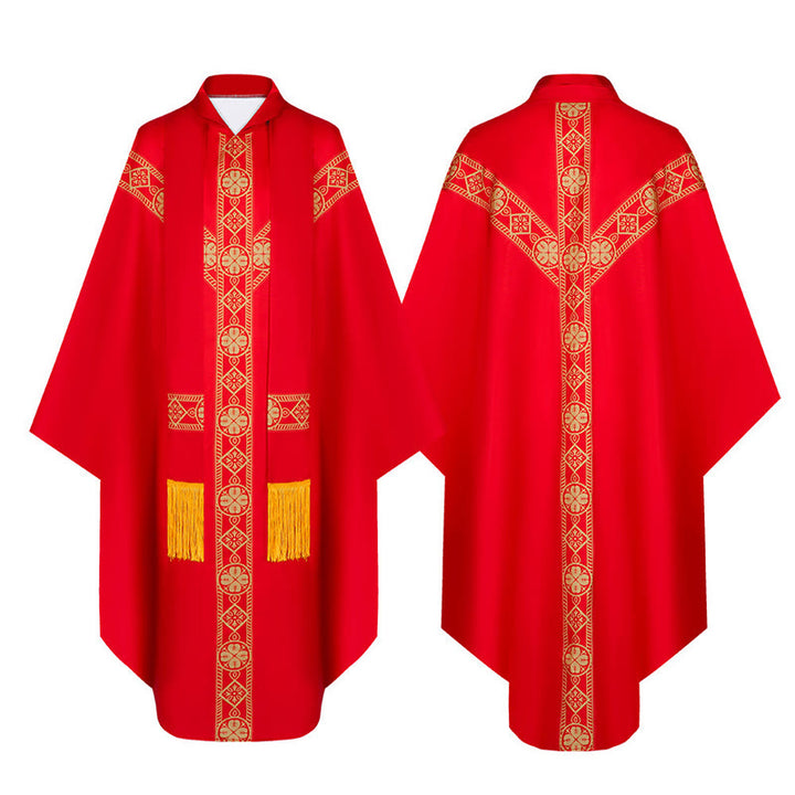 Christianartworkshop Cape médiévale, robe de clergé ornée de motifs religieux dorés - Rouge - Taille unique (longueur 130 cm) - image 0