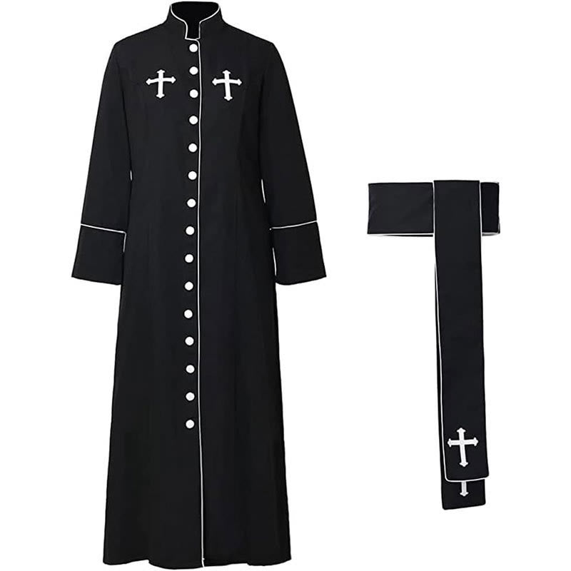 Christianartworkshop Robe de clergé cérémonielle noire et blanche à col montant avec ceinture et motifs de croix - image 4