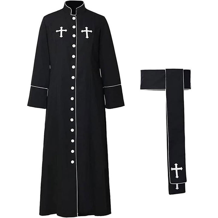 Christianartworkshop Robe de clergé cérémonielle noire et blanche à col montant avec ceinture et motifs de croix - image 4