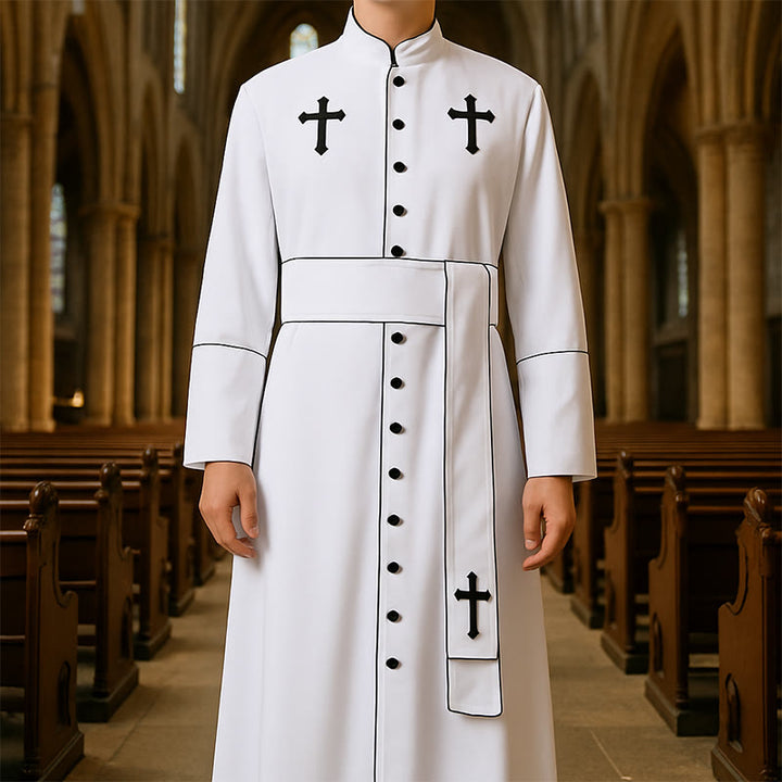 Christianartworkshop Robe de clergé cérémonielle noire et blanche à col montant avec ceinture et motifs de croix - image 0