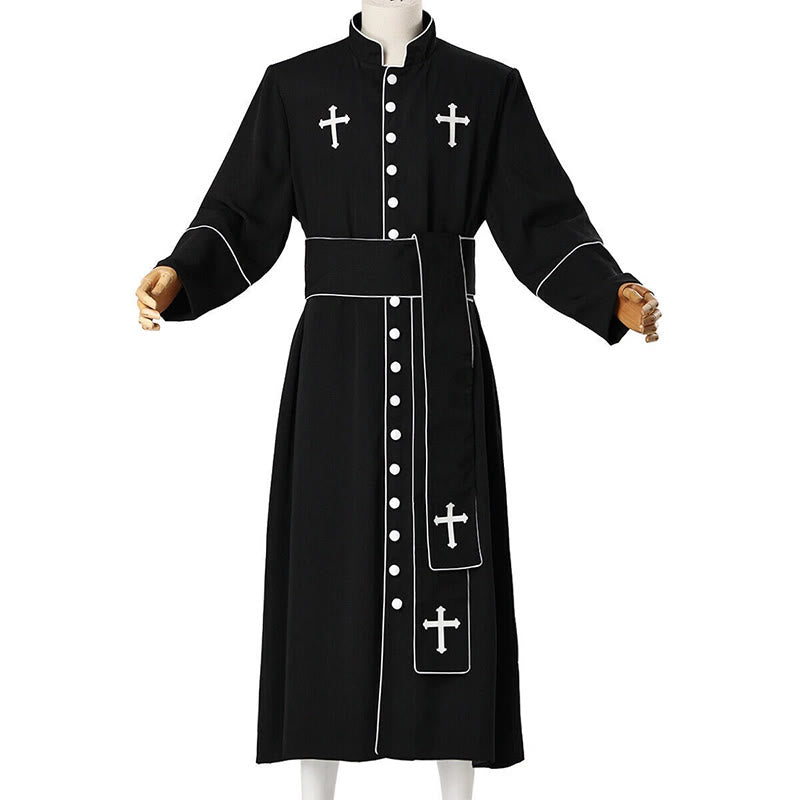Christianartworkshop Robe de clergé cérémonielle noire et blanche à col montant avec ceinture et motifs de croix - image 11