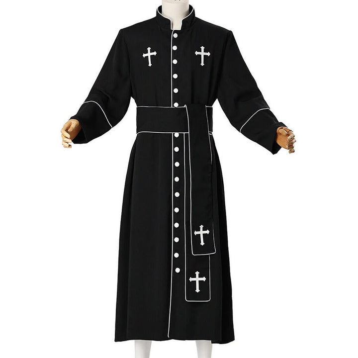 Christianartworkshop Robe de clergé cérémonielle noire et blanche à col montant avec ceinture et motifs de croix - image 11