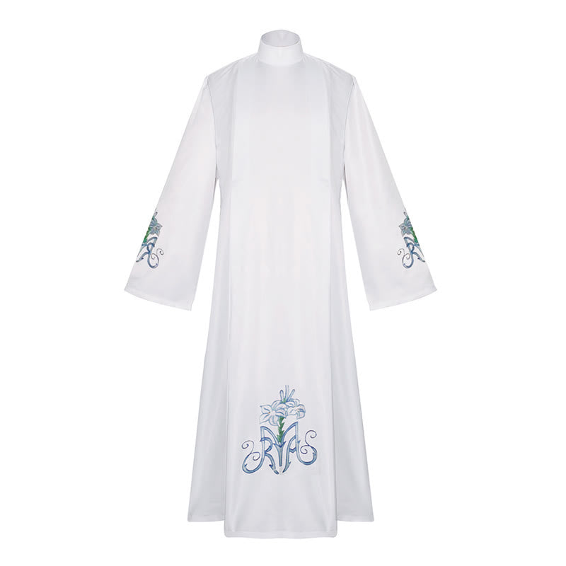 Christianartworkshop Robe de clergé blanche élégante à col montant ornée de motifs floraux de lys bleus - image 3