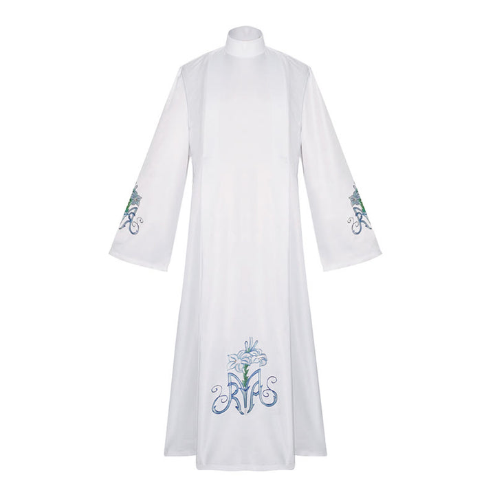 Christianartworkshop Robe de clergé blanche élégante à col montant ornée de motifs floraux de lys bleus - image 3