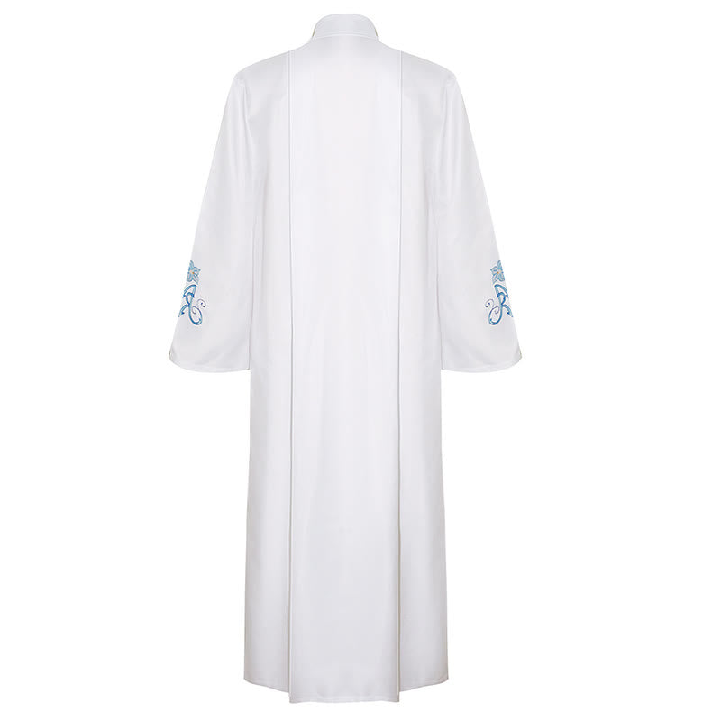 Christianartworkshop Robe de clergé blanche élégante à col montant ornée de motifs floraux de lys bleus - image 4