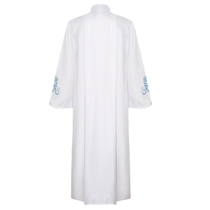 Christianartworkshop Robe de clergé blanche élégante à col montant ornée de motifs floraux de lys bleus - image 4