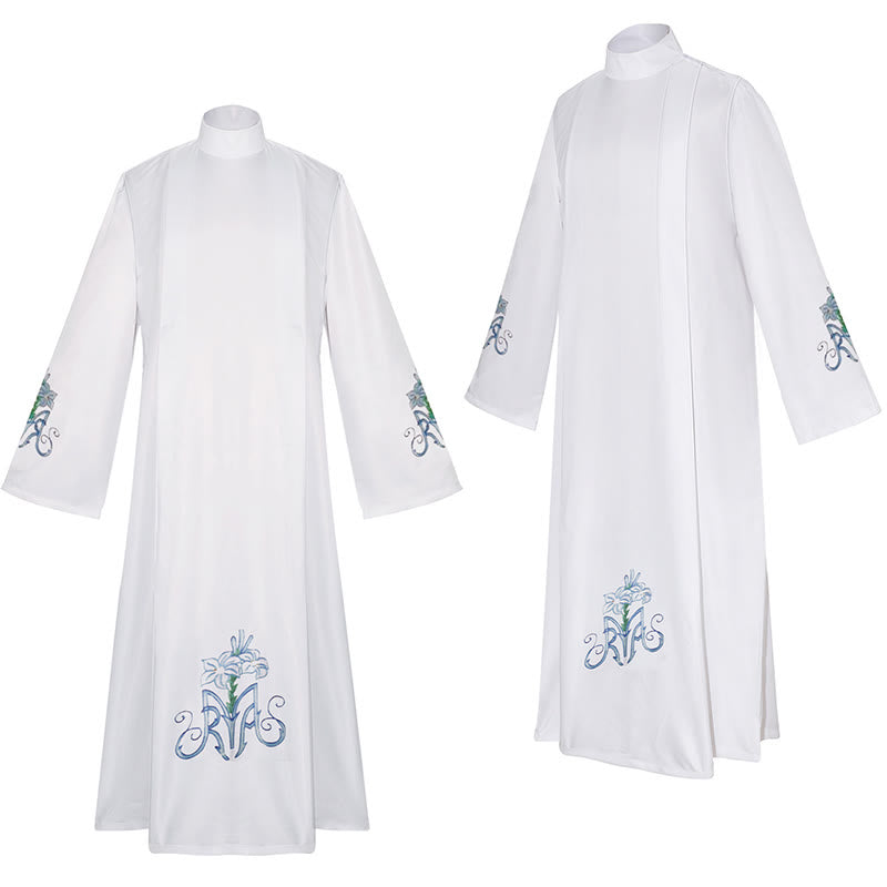 Christianartworkshop Robe de clergé blanche élégante à col montant ornée de motifs floraux de lys bleus - image 2