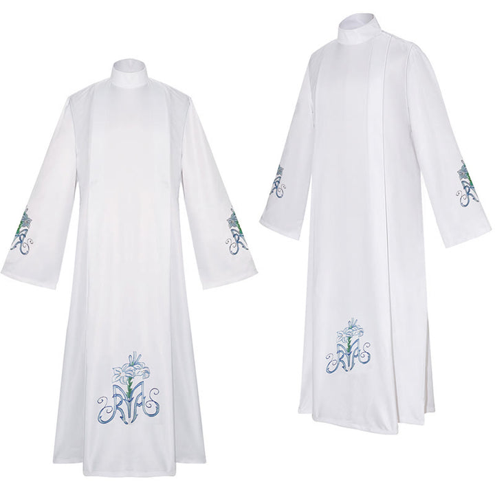 Christianartworkshop Robe de clergé blanche élégante à col montant ornée de motifs floraux de lys bleus - image 2
