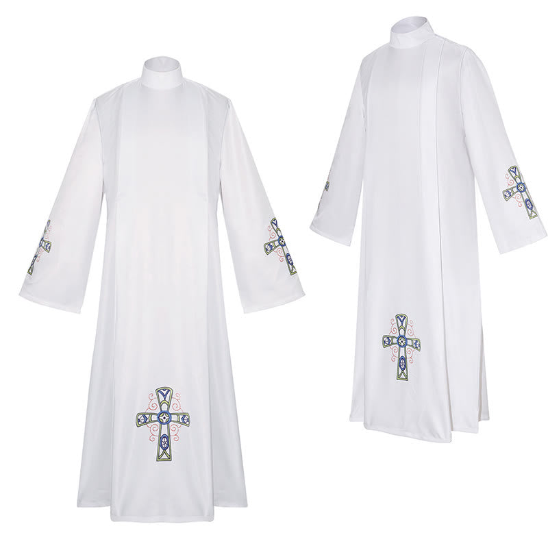Christianartworkshop Robe de clergé traditionnelle blanche à col montant et croix colorée ornée - Blanc - 3XL - image 1