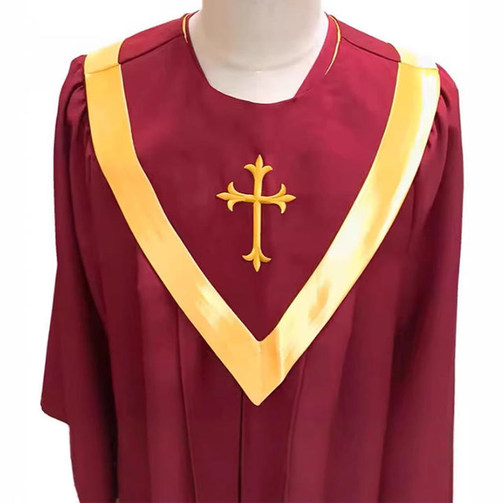 Christianartworkshop Robe de clergé traditionnelle bordeaux avec croix dorée et col en V - image 3