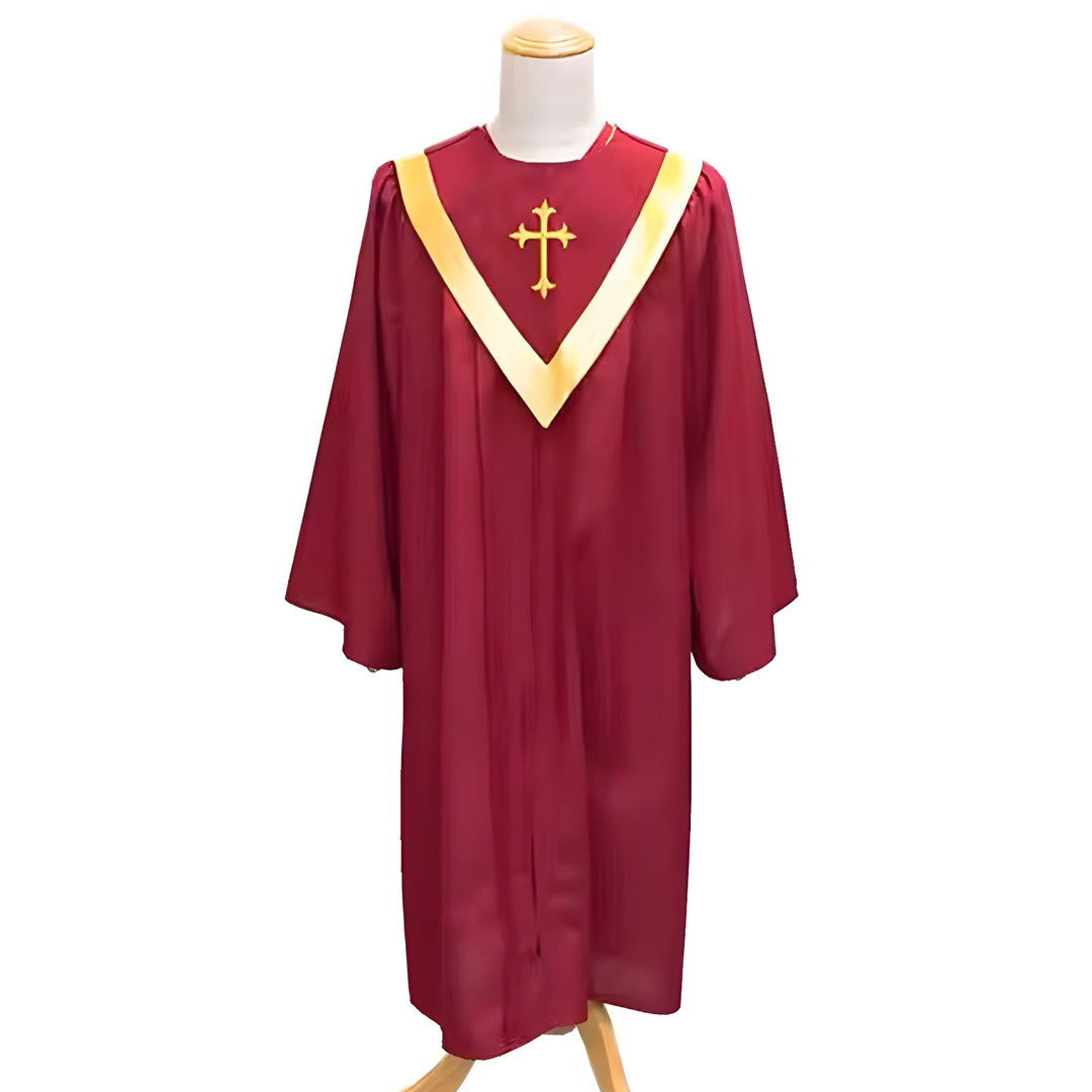 Christianartworkshop Robe de clergé traditionnelle bordeaux avec croix dorée et col en V - image 2