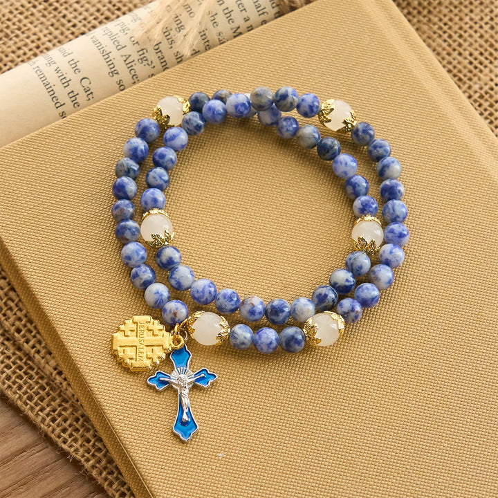 Christianartworkshop Bracelet chapelet artisanal élastique de 4 mm en pierre bleue avec crucifix et croix de Jérusalem - image 0