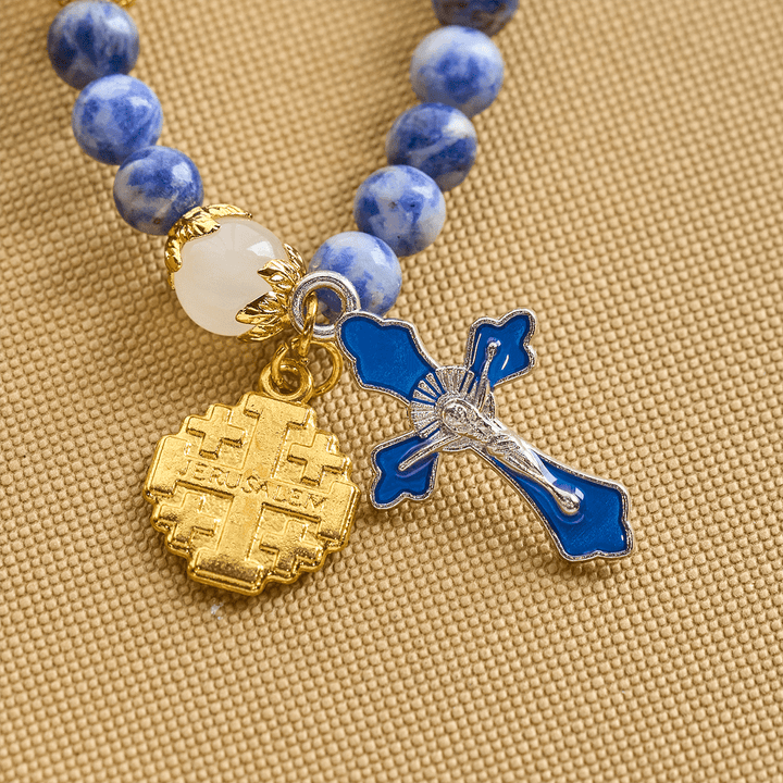 Christianartworkshop Bracelet chapelet artisanal élastique de 4 mm en pierre bleue avec crucifix et croix de Jérusalem - image 6