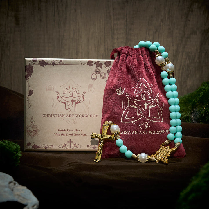 Christianartworkshop Chapelet fait main en perles vert menthe et perles, orné d'une médaille miraculeuse et d'un crucifix - image 3