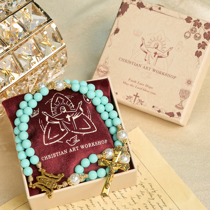 Christianartworkshop Chapelet fait main en perles vert menthe et perles, orné d'une médaille miraculeuse et d'un crucifix - image 2