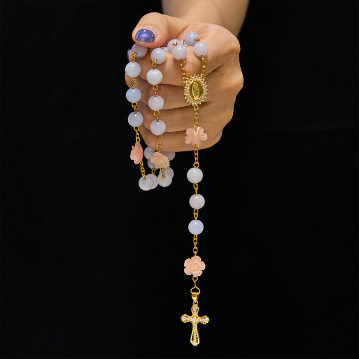 Christianartworkshop Chapelet Notre-Dame de Guadalupe et crucifix en perles de calcédoine aigue-marine bleue de 8 mm, fait main - image 2