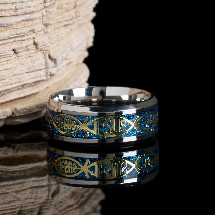 Bague rustique en acier inoxydable Christianartworkshop : « Jésus » en forme de poisson - Bleu - US 13 - image 1