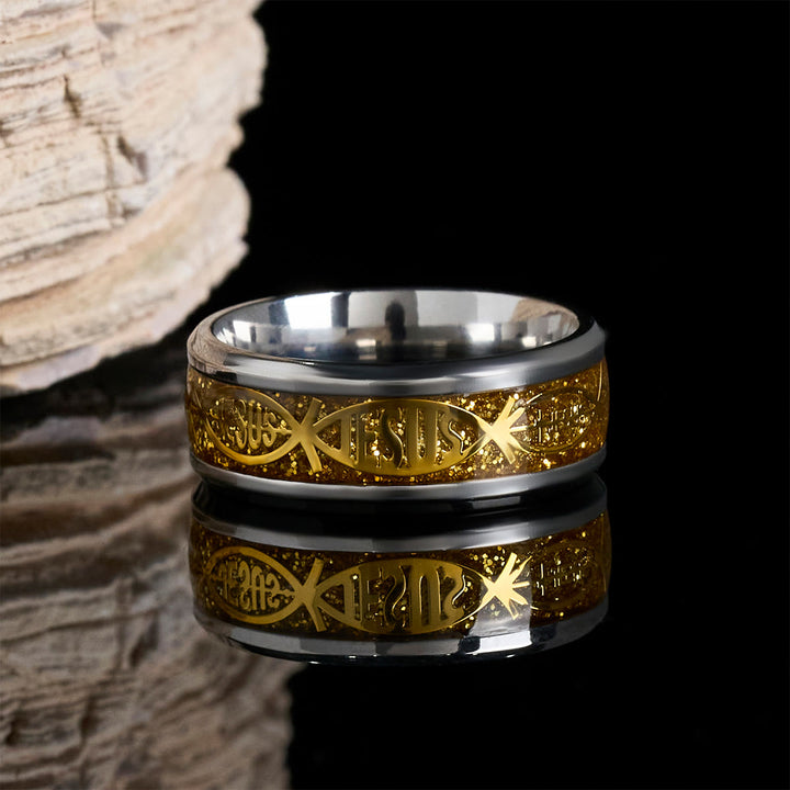 Bague rustique en acier inoxydable Christianartworkshop : « Jésus » en forme de poisson - Doré - US 13 - image 3
