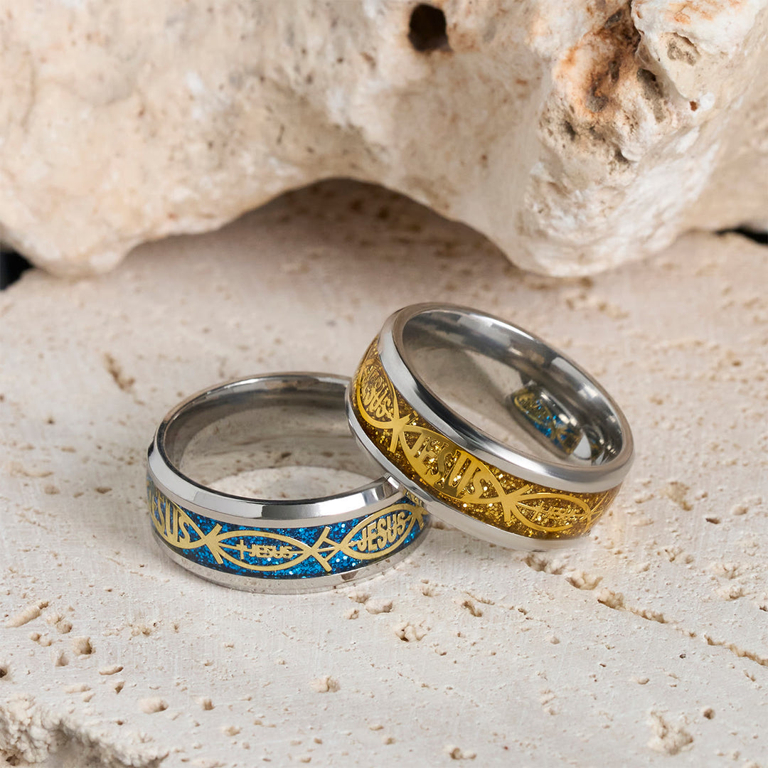 Bague rustique en acier inoxydable Christianartworkshop : « Jésus » en forme de poisson - image 5