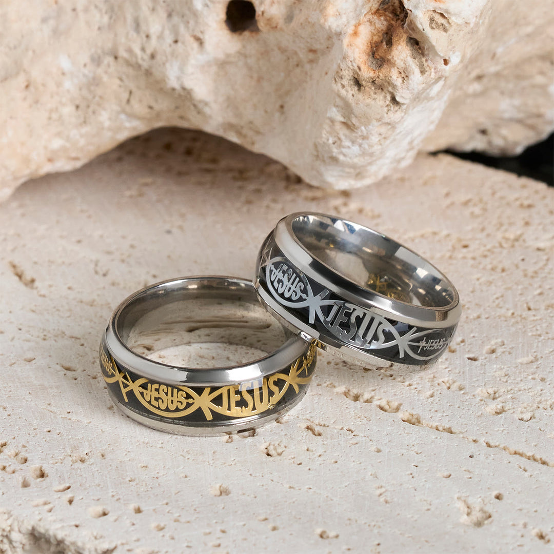 Bague rustique en acier inoxydable Christianartworkshop : « Jésus » en forme de poisson - image 6