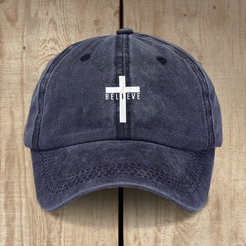 Casquette de baseball minimaliste Christianartworkshop avec croix « Crois en Christ » pour la foi au quotidien - Bleu marine - image 1