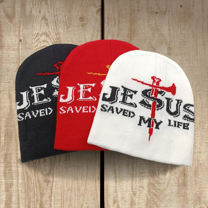 Christianartworkshop Bonnet tricoté « Jésus m’a sauvé la vie » : un doux rappel de sa grâce - Rouge - image 0
