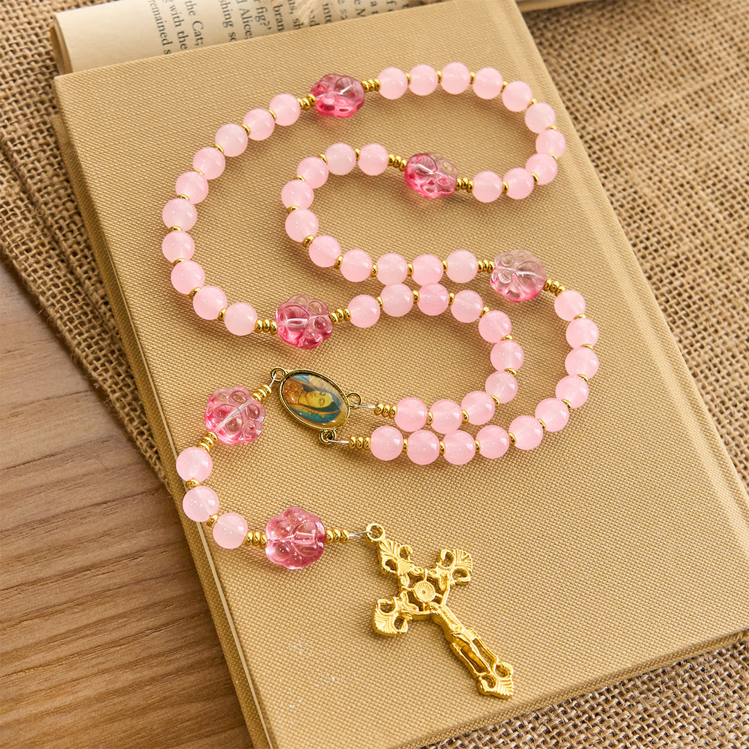 Christianartworkshop Bénédiction des animaux avec quartz rose et breloque en forme de patte de chien du chapelet des animaux de Notre-Dame - Chapelet de la Patte Rose - image 0