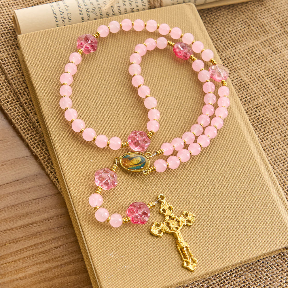 Christianartworkshop Bénédiction des animaux avec quartz rose et breloque en forme de patte de chien du chapelet des animaux de Notre-Dame - image 1