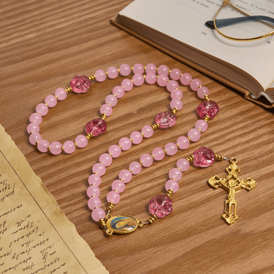 Christianartworkshop Bénédiction des animaux avec quartz rose et breloque en forme de patte de chien du chapelet des animaux de Notre-Dame - image 2