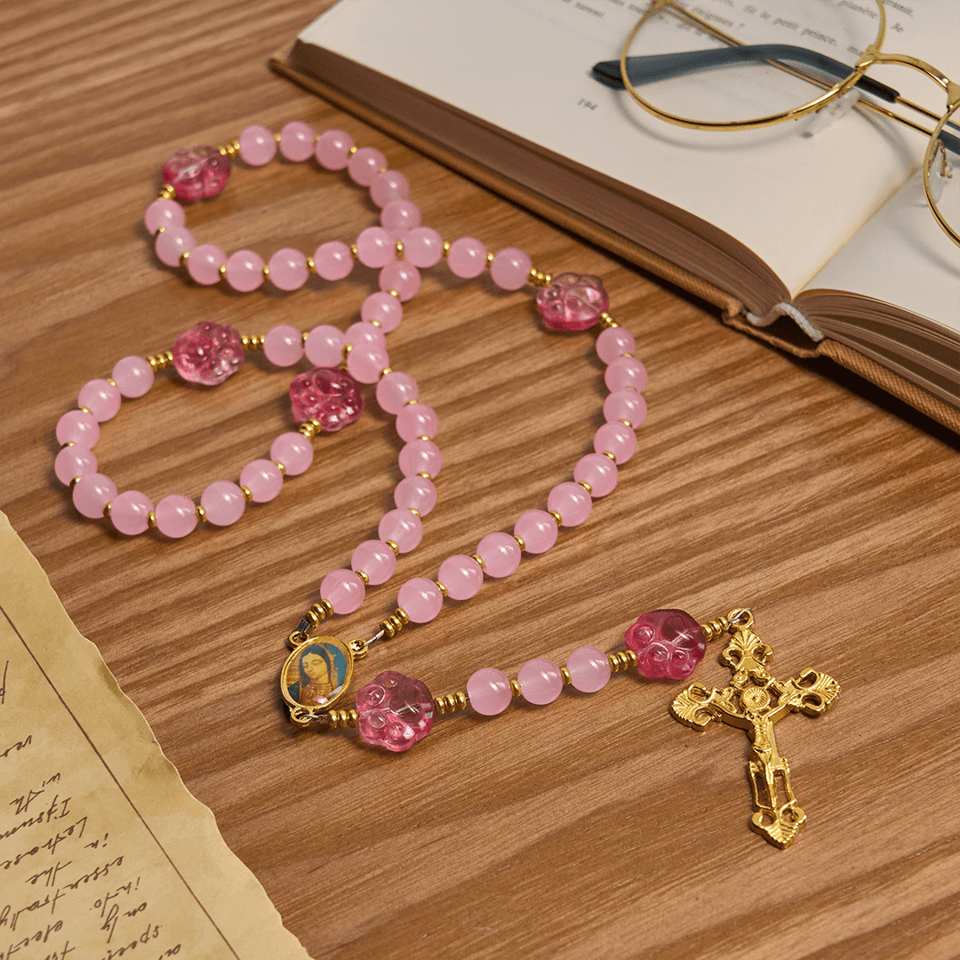 Christianartworkshop Bénédiction des animaux avec quartz rose et breloque en forme de patte de chien du chapelet des animaux de Notre-Dame - image 3