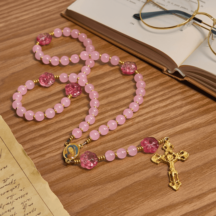 Christianartworkshop Bénédiction des animaux avec quartz rose et breloque en forme de patte de chien du chapelet des animaux de Notre-Dame - image 3