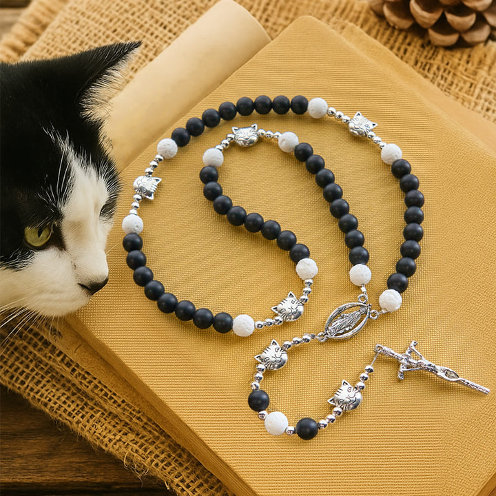 Christianartworkshop Bracelet et chapelet animalier en pierre de lave noire et blanche mate avec pendentifs chat et vache - Chapelet - image 0