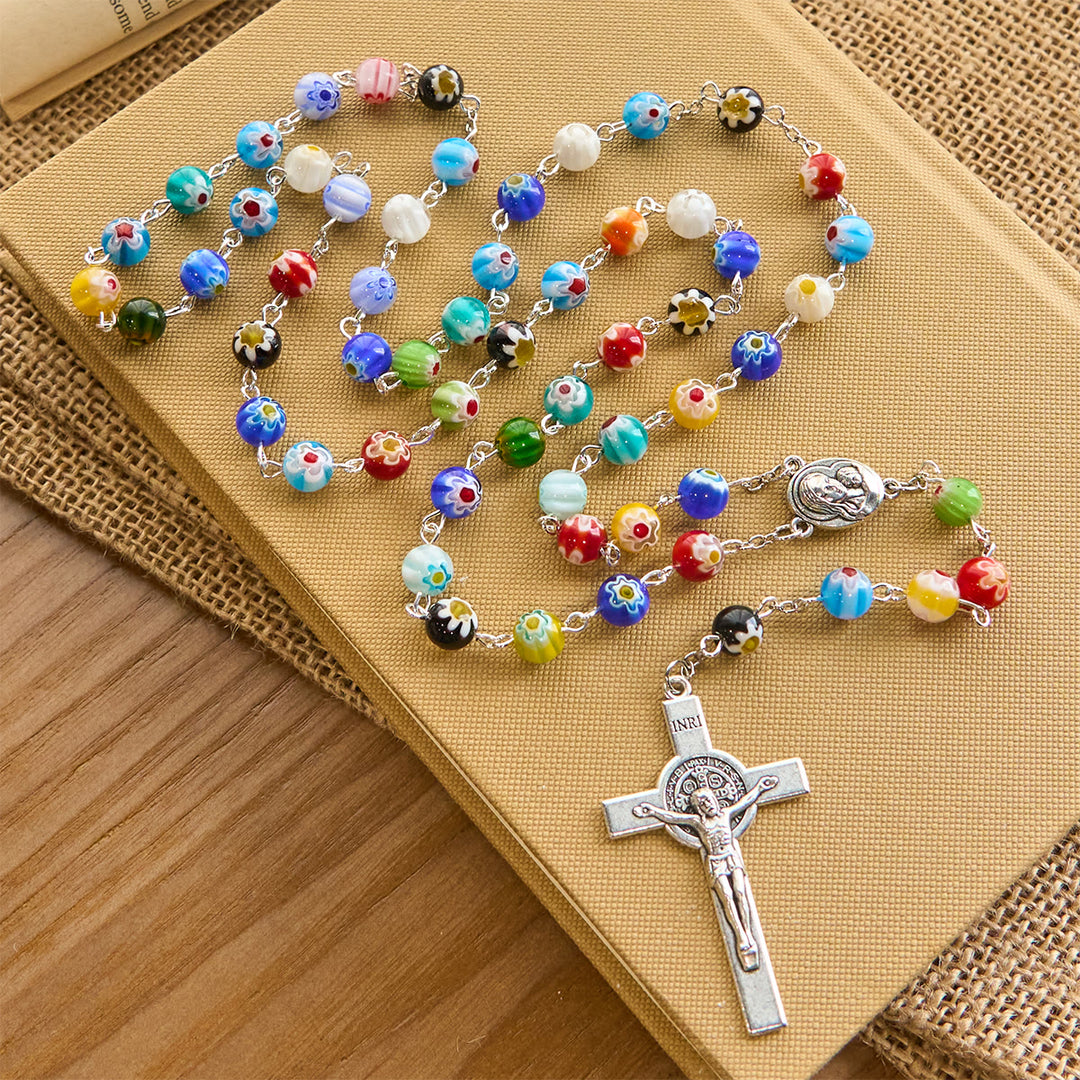 Christianartworkshop Chapelet en perles de Murano multicolores à motif floral vibrant, orné d'une Vierge à l'Enfant. - Vierge à l'Enfant - image 0