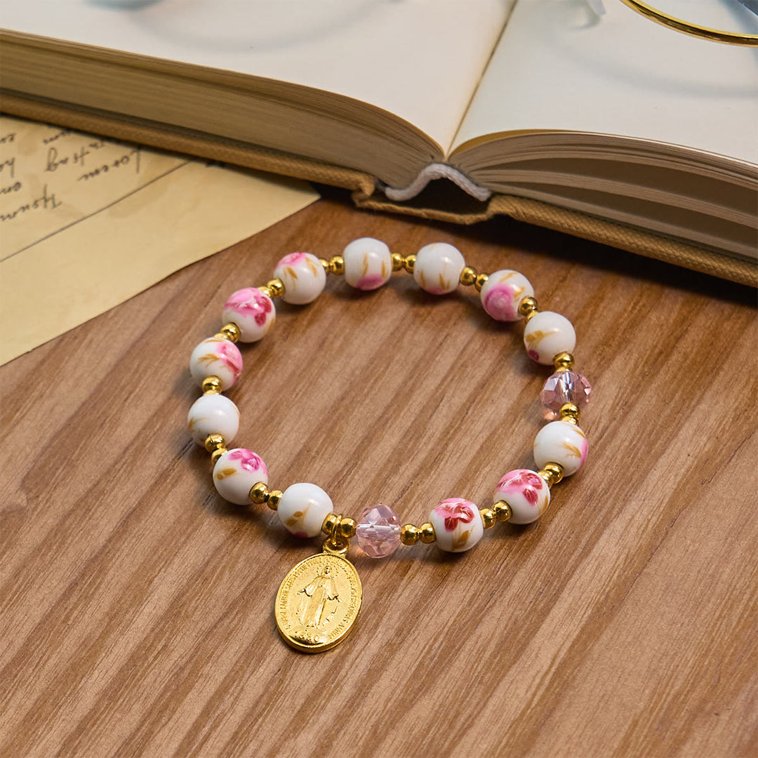 Christianartworkshop Bracelet élégant en céramique rose à motif floral de 8 mm avec médaille miraculeuse - Bracelet en céramique rose - image 0