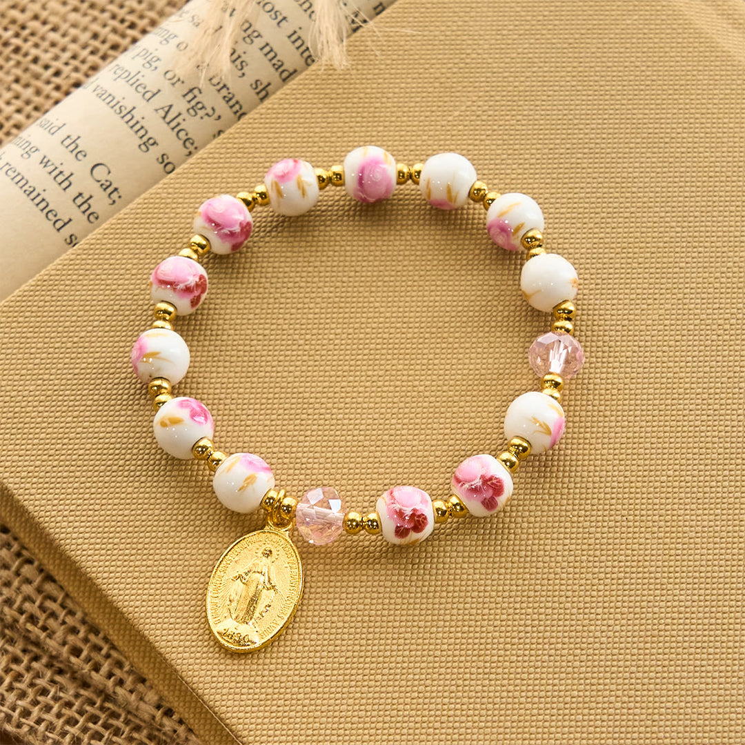 Christianartworkshop Bracelet élégant en céramique rose à motif floral de 8 mm avec médaille miraculeuse - image 2