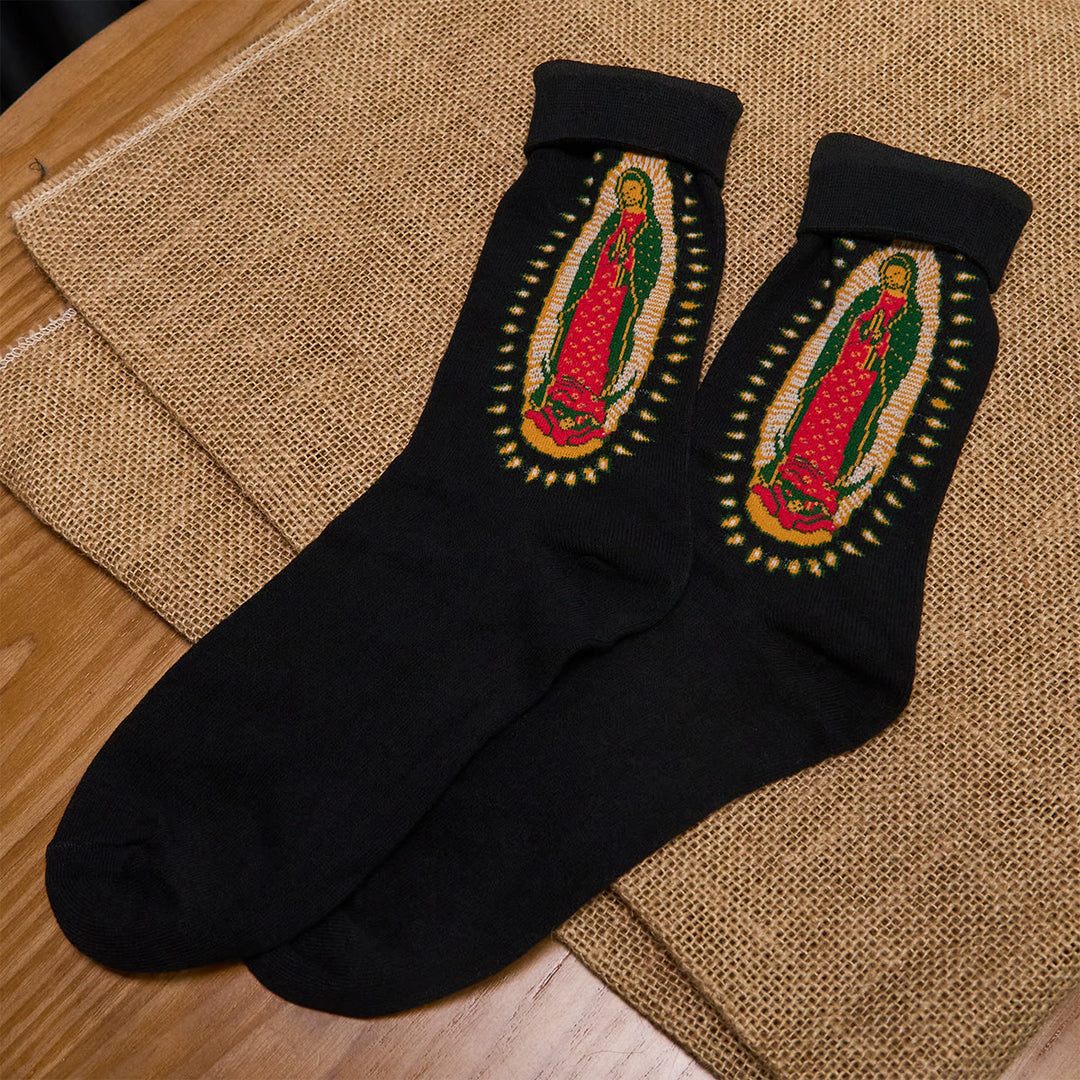 Christianartworkshop Chaussettes unisexes religieuses Vierge de Guadalupe Noire : Design rétro, style religieux exclusif - image 3