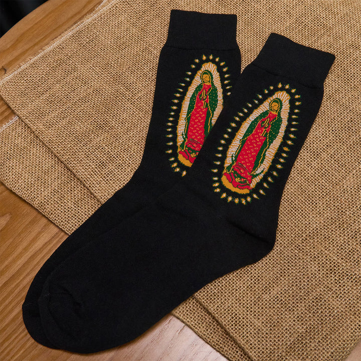 Christianartworkshop Chaussettes unisexes religieuses Vierge de Guadalupe Noire : Design rétro, style religieux exclusif - image 1