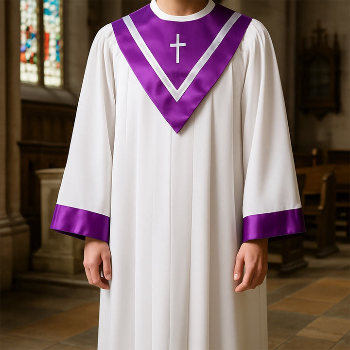 Christianartworkshop Robe de clergé blanche classique avec col en V contrastant et détails en croix - Violet - 3XL - image 0