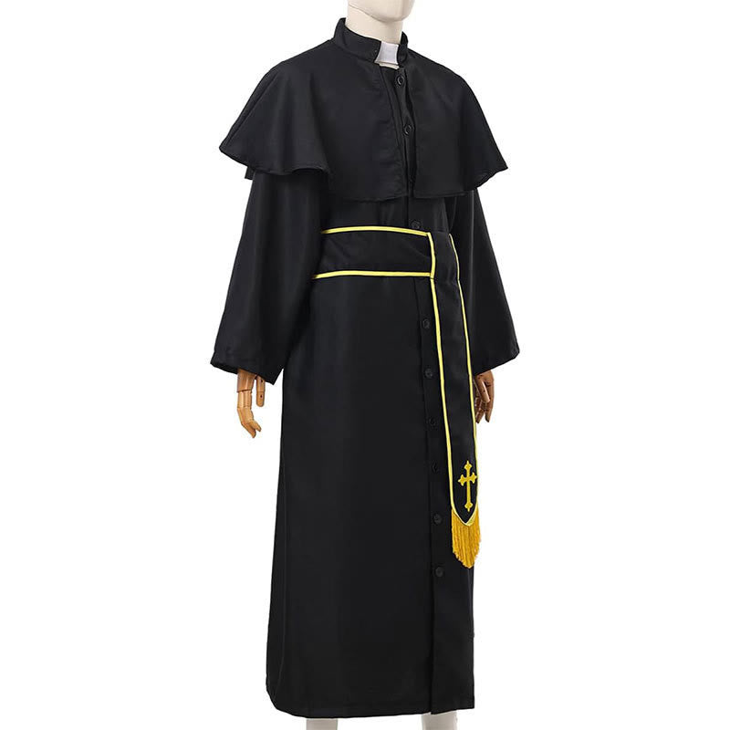 Christianartworkshop Robe de clergé noire de style médiéval avec ceinture à pompon en croix et col châle - image 11