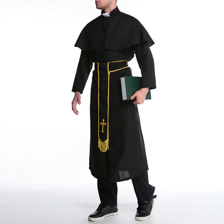 Christianartworkshop Robe de clergé noire de style médiéval avec ceinture à pompon en croix et col châle - image 9